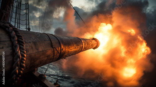 Dramatic image of an old cannon firing with a powerful fiery blast against a maritime backdrop