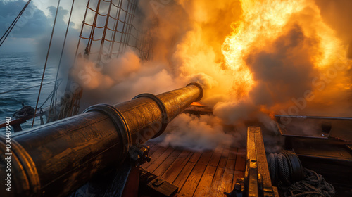 A captured moment where a historical ship's cannon is fired, emitting an intense blaze and smoke