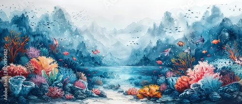 A fantastical underwater kingdom with mermaids and sea creatures. 