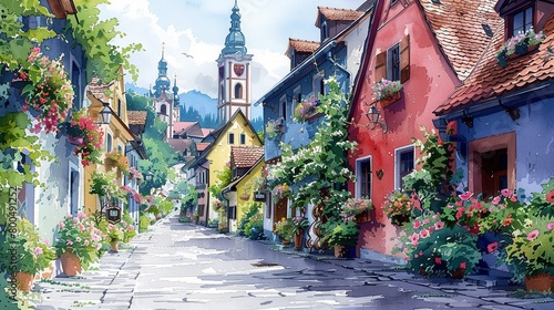 A quaint European alleyway with colorful buildings and flower-filled window boxes. 