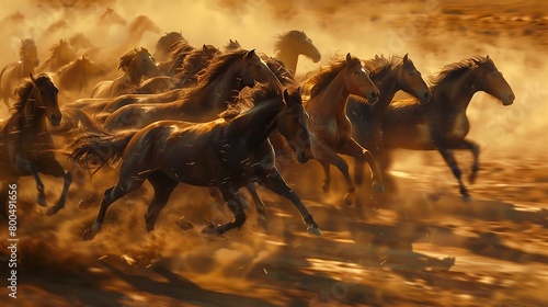 A herd of brown and black horses was running at a fast pace with dust billowing around them