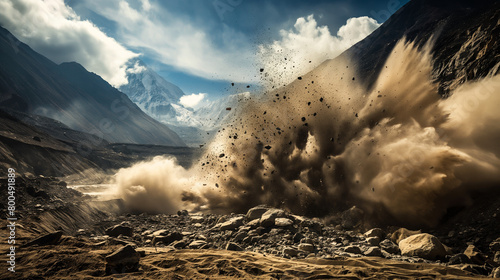 An impactful image of a landslide occurring amidst a tranquil valley, contrasting calm and chaos