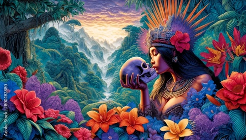 A woman holding a skull in a jungle setting