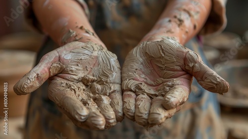 A potter holds their clay covered hands out showing the results of their work.