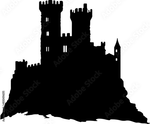 This stark black silhouette of a medieval castle atop a rugged cliff is ideal for fairy tale and history-themed designs.
