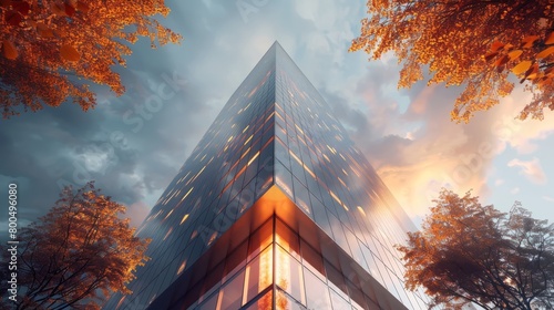 A tall glass skyscraper with autumn trees in the foreground