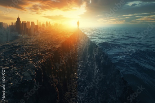 Man standing on cliff split between ocean and city