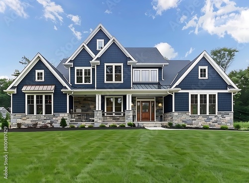 Beautiful new luxury home exterior with navy blue shingle and stone accents, green grass lawn, front door, white trim, wooden porch, photo stock style