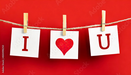 Photo of three paper cards with words i love u hanging with pins on rope string isolated on red background