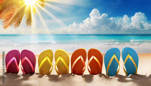 Row of colorful flip flops on beach against sunny sky