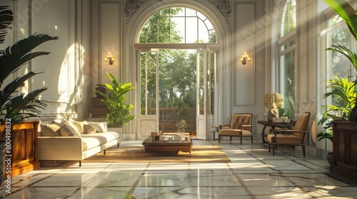 An opulent drawing room with marble floors, a large arched window, and a seating area with a sofa, armchairs, and a coffee table. Plants are placed around the room. The room is bathed in sunlight.