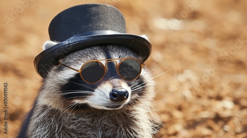 Sleek Raccoon Wearing Sunglasses and Bowler Hat, Space for Text Provided