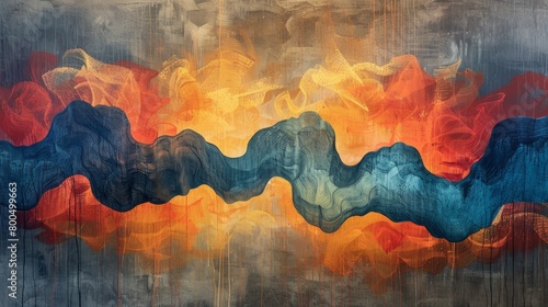 Colorful abstract painting with blue and orange waves.