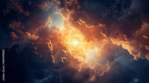 An awe-inspiring scene of cosmic clouds illuminated by a bright, fiery light in the center, invoking the vastness of space