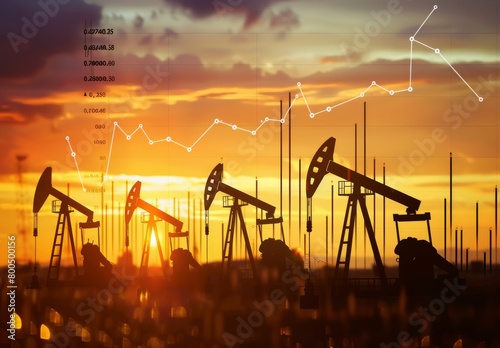 An upward trend line graph intersects with silhouette oil pumps against a sunset sky at an oil field