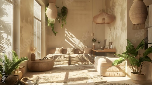 Country living room with beige toned eco interior design, a sofa and carpet made of sustainable materials, potted plants, a desk, a window, and hanging lamps. Concept for sustainable