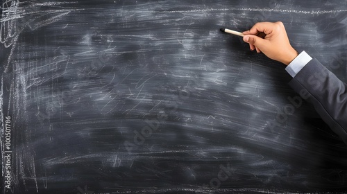 Closeup teacher hand holding a piece of chalk starts writing on the blank blackboard. Businessman arm in front of a blank chalkboard begins drawing. Business and education background with copy space
