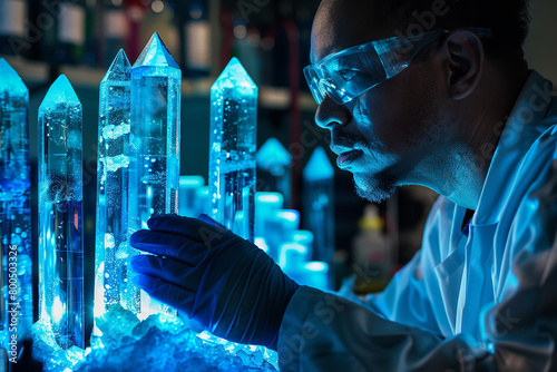 A chemist works with copper sulfate crystals in a lab - the vibrant blue solutions vividly demonstrating fascinating chemical reactions