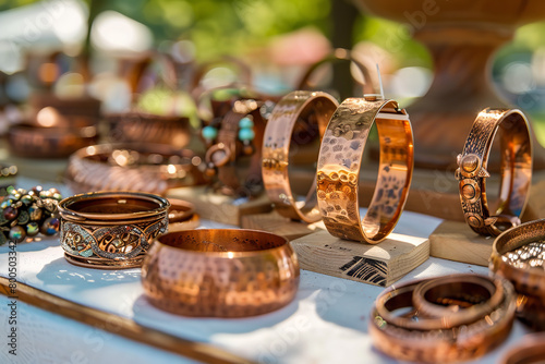 Handcrafted copper jewelry glistens under the sunlight at a craft fair - each unique piece attracting admirers of artisanal beauty