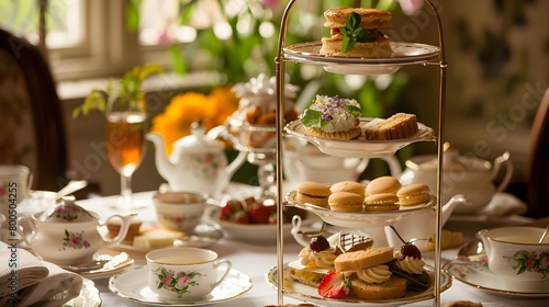 British Afternoon High Tea with a three-tiered platter of scones, cakes and sandwiches