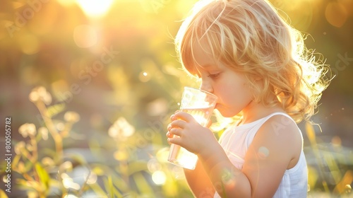 beautiful blonde child drink water outdoor 