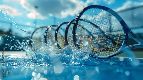Tennis rackets with strings that flow like waterfalls, on a court that extends into the horizon in a dream-like fashion