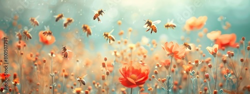 Softly illuminated scene of vibrant flowers and busy bees, capturing the beauty and activity of a blossoming garden.