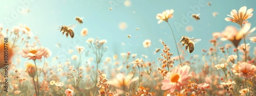 Tranquil field of blooming wildflowers with bees buzzing under a warm, sunlit sky, evoking a peaceful natural setting.