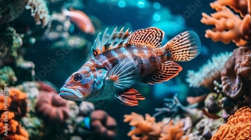  A tight shot of a fish in an aquarium, surrounded by corals and clear water housing additional corals behind it