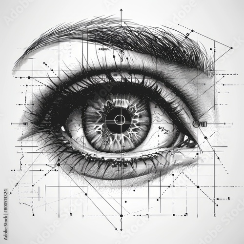 vintage human eye with overlaying diagram lines, illustrating ocular anatomy and geometry sketch engraving generative ai vector illustration. Scratch board imitation. Black and white image.