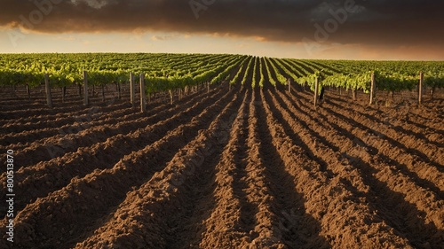 Rows of vibrant green grapevines stretch across field, basking in warm glow of setting sun. Meticulously plowed soil between rows creates pattern of rich, brown earth.