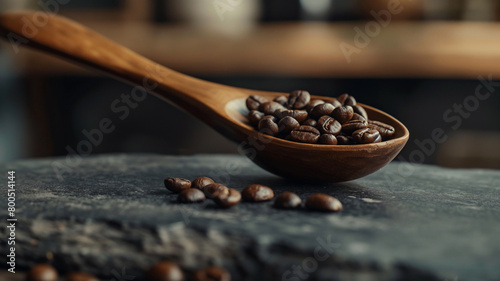 Close up de uma colher de madeira com grãos de café torrados sobre uma superfície de pedra preta