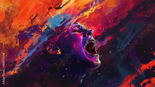 A colorful painting of a woman screaming with her eyes closed and mouth open, surrounded by bright colors.