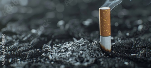 Cigarette smoking on the ground with copy space, World No Smoking Day concept banner. An abstract background of cigarette smoke in the style of smoke. Isolated on a dark grey color background