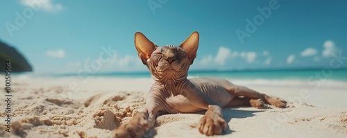 Hairless sphynx cat getting a sunburn on a tropical island beach.
