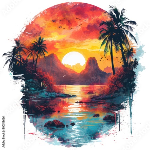 An illustration tropical island paradise, painted in a lush, vibrant watercolor style, with bold, bright colors creating a sense of exoticism and adventure