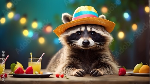 Funny raccoon enjoying a party with a bright summer hat
