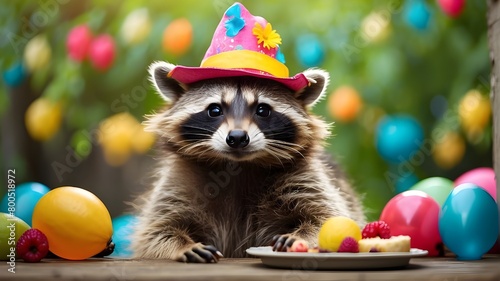 Funny raccoon enjoying a party with a bright summer hat