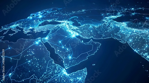 Abstract digital map of the Middle East, concept of global network and connectivity, data transfer and cyber technology, information exchange and telecommunication 