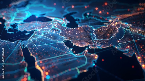 Abstract digital map of the Middle East, concept of global network and connectivity, data transfer and cyber technology, information exchange and telecommunication 