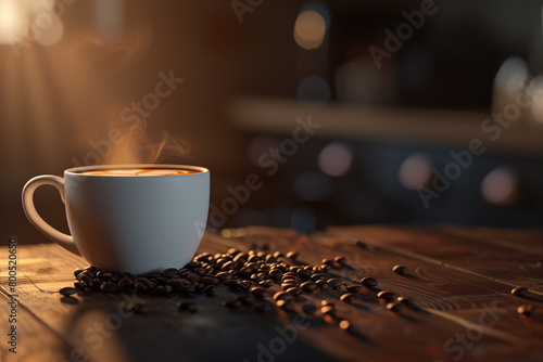 a white porcelain cup filled with steaming hot coffee, coffee beans scattered in the foreground on a dark wooden table. Soft morning light illuminates the scene, Generative AI