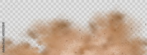 Vector background of a sand explosion with dirt and cloud smoke. Brown sandstorm splash and dirty ground with a textured wind effect.Yellow flying particles and stone.