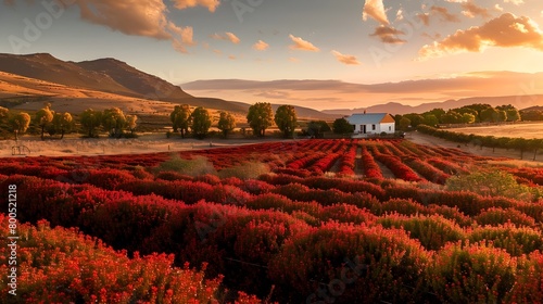 Vibrant Rooibos Farm at Sunset with Lush Red Bushes and Farmhouse Backdrop