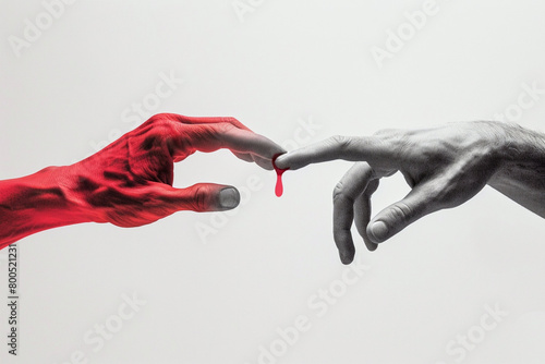 Symbolically giving blood from one person to another. Also concept image for World blood donor day - June 14. close-up of two pairs of hands, one extending to give blood and the other receiving it.