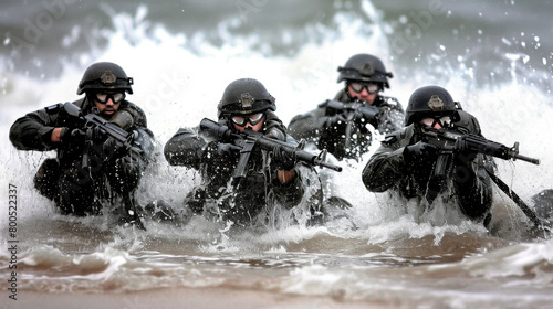 Marines emerging from the sea during an amphibious assault