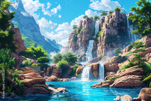 illustration of a natural mountains and cascading waterfalls