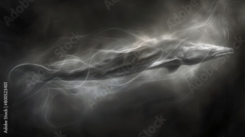  Dolphin swimming in water with smoky exhale, black backdrop
