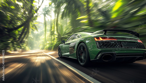 Sleek green sports car speeding through lush green forest environment by curved asphalt road. Dynamic motion blur adds to excitement of scene. Auto design and automotive production industry concept