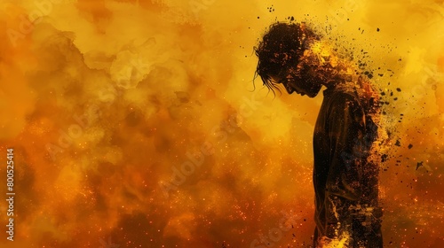  A person depicted against a vibrant backdrop of yellow and orange hues, surrounded by considerable smoke emission
