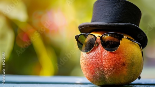 Elegant Mango Wearing Sunglasses and Bowler Hat, Space for Text Provided
